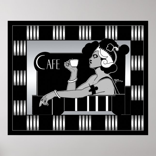 Poster Vintage Cafe Art Deco Stripe Preto (Frente)