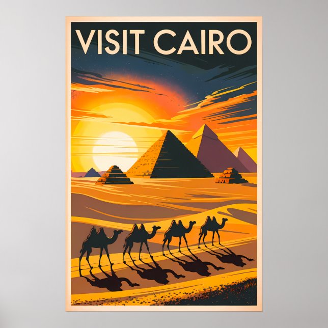 Poster Vintage Cairo - Pirâmides no Sunset (Frente)