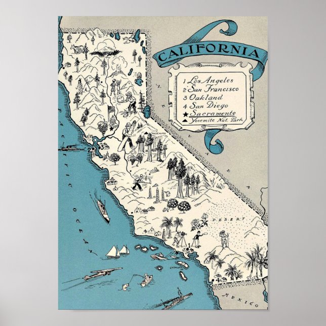 Pôster Vintage California Map (Frente)