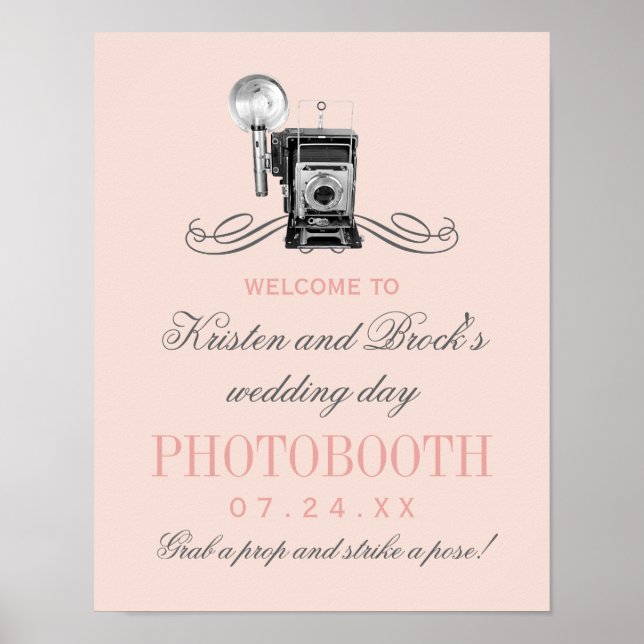 Poster Vintage Camera Blush Photobooth Sinal de Casamento (Frente)