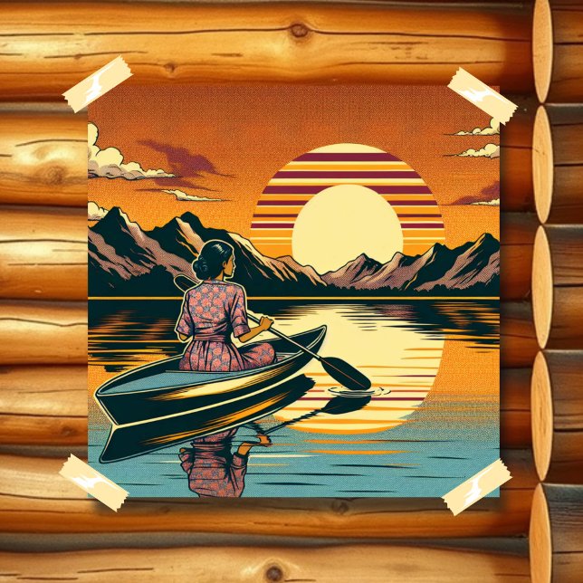 Poster Vintage Camping Scene Woman Kayaking (Criador carregado)