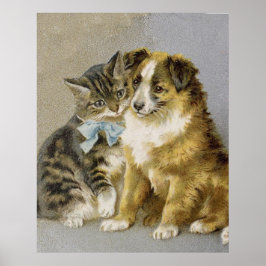 Poster Vintage cat and dog intimate friendship
