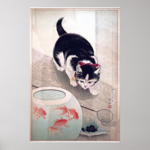 Poster Vintage Cat e Goldfish Bowl Arte Japonesa
