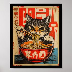 Poster Vintage Cat Eating Ramen Noodles Arte Japonesa