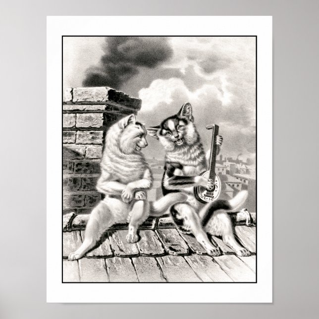 Poster Vintage Cat Músico Lute Guitar Música Animal (Frente)