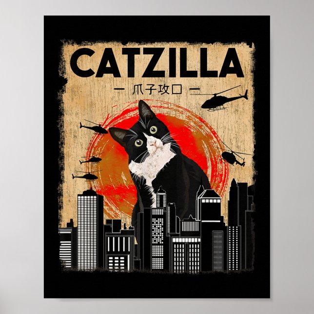 Poster Vintage Catzilla - Gato Tuxedo Engraçado E Gatinho (Frente)