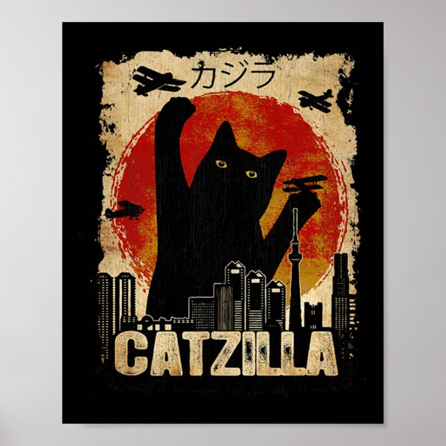 Poster Vintage Catzilla - Kitty e Gato Engraçado Pulôver  (Frente)