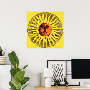 Poster Vintage Celestial Amarelo Sorriso Feliz Hippie Sun