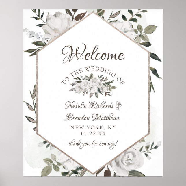 Poster Vintage Cherish White Floral Weding Sign (Frente)