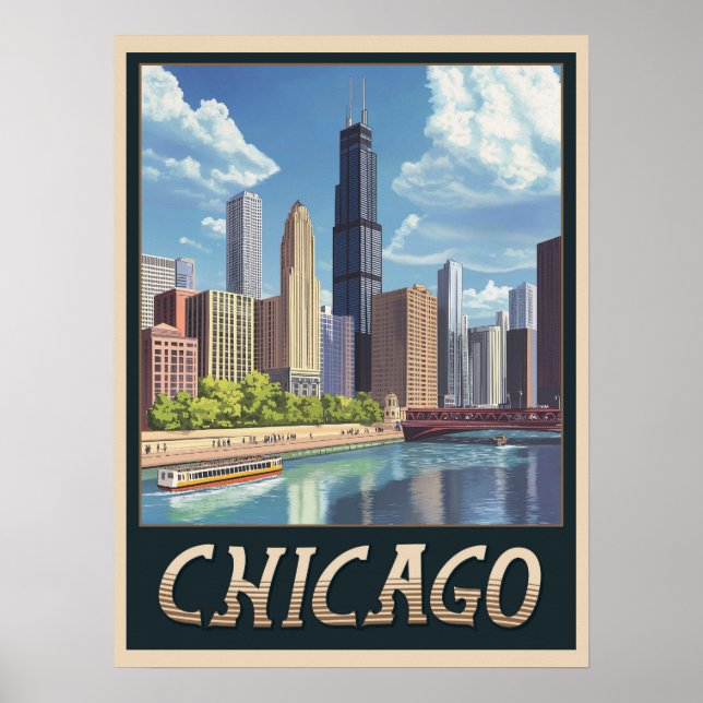 Poster Vintage Chicago City Skyline (Frente)