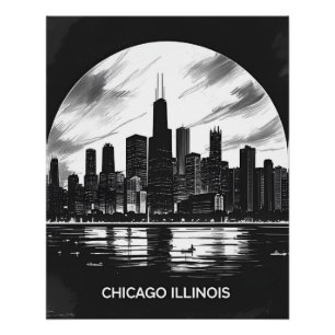 Pôster Vintage Chicago Illinois City Skyline Retro Viagem