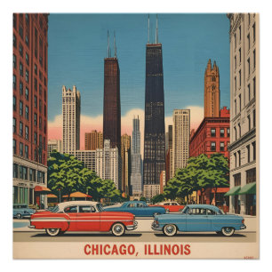 Pôster Vintage Chicago Illinois City Skyline Retro Viagem