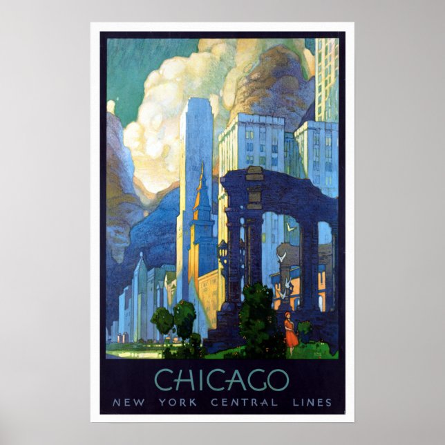 Poster Vintage Chicago Illinois Train Viagem (Frente)