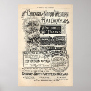 Pôster Vintage Chicago North Western Rail Ad de 1888