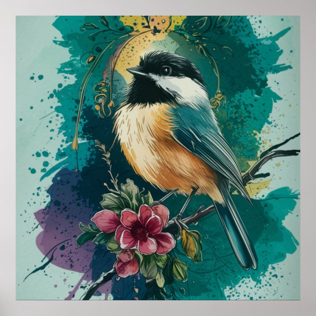 Poster Vintage Chickadee Splendor - Teal (Frente)