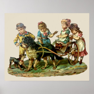 Pôster Vintage Children and Dog Wagon
