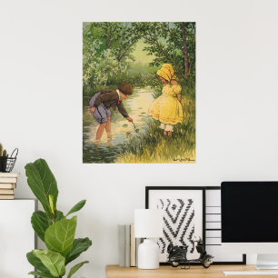 Poster Vintage Children, Boy and Girl tocando em Creek