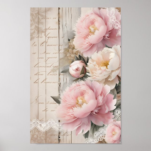 Poster Vintage Chique Decoupage Peonies Wall Art (Frente)