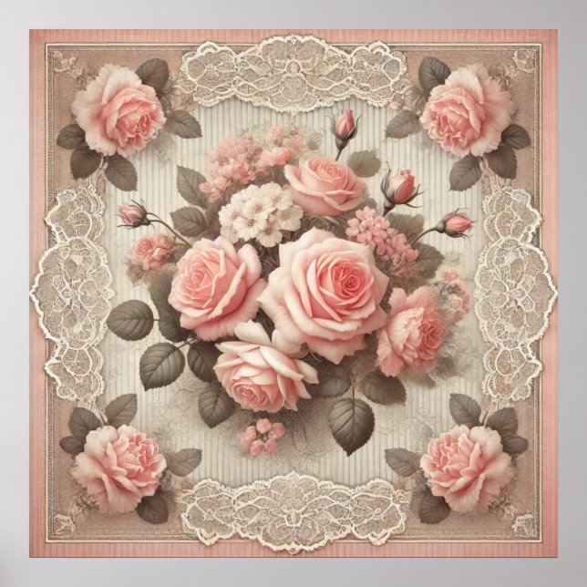 Poster Vintage Chique Rosa Rosa Floral (Frente)