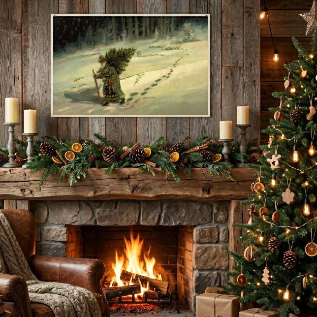 Pôster Vintage Christmas, Santa Claus Carrying a Tree (Vintage illustration Christmas design featuring old Saint Nicholas carry a tree through the snow. )