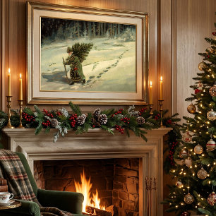 Pôster Vintage Christmas, Santa Claus Carrying a Tree