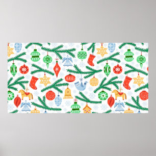 Poster Vintage Christmas tree balls, decorations seamless