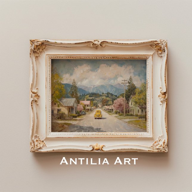 Poster Vintage Country Town Painting Rustic Yellow Car (Criador carregado)