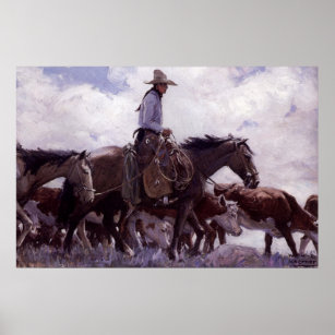 Poster Vintage Cowboy com seu gado de Koerner