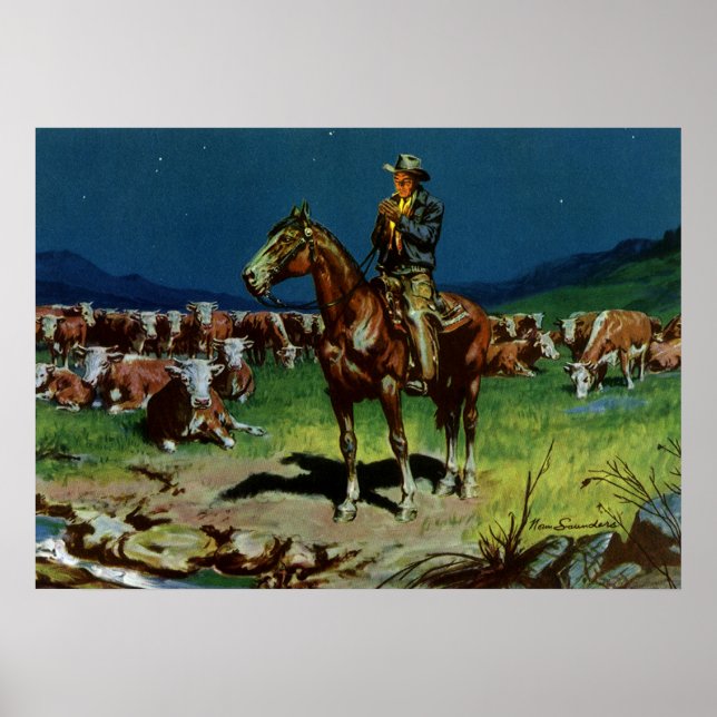 Pôster Vintage Cowboy, Pecuária na Fazenda (Frente)