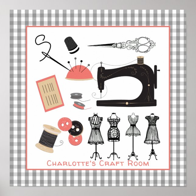 Poster Vintage Crafty Sewing Room Sinal Personalizado (Frente)