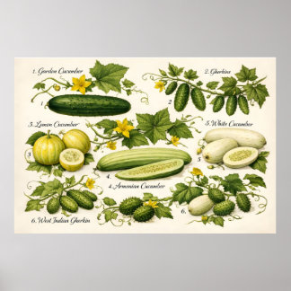 Poster Vintage Cucumber Varieties Botanical Illustration 