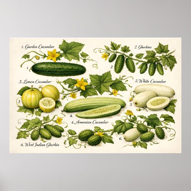 Poster Vintage Cucumber Varieties Botanical Illustration  (Frente)