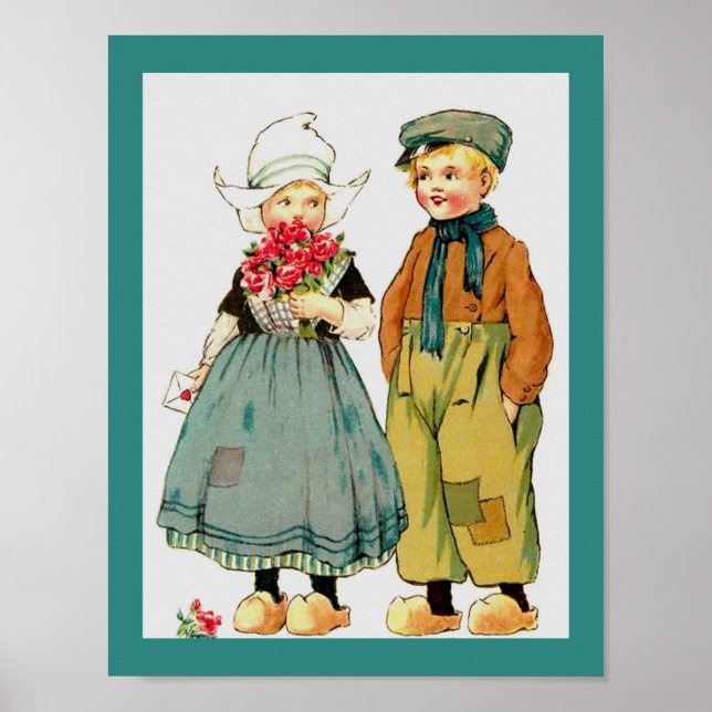 Pôster Vintage Cute Dutch Boy & Girl c/ Rosas & Love Note (Frente)