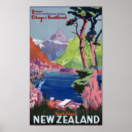 Poster vintage da Nova Zelândia na Ilha do Sul Res