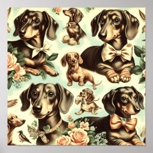 Poster Vintage Dachshund Seamless