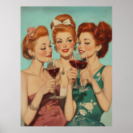 Poster Vintage Damas Brincando com Vinho