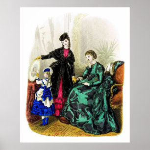 Poster Vintage Damas Em Vestido Azul Verde Cor-De-Rosa Pr