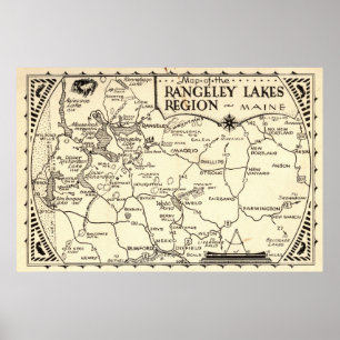 Pôster Vintage de Maine do mapa dos lagos Rangeley
