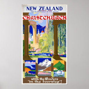 Poster vintage de Nova Zelândia Christchurch