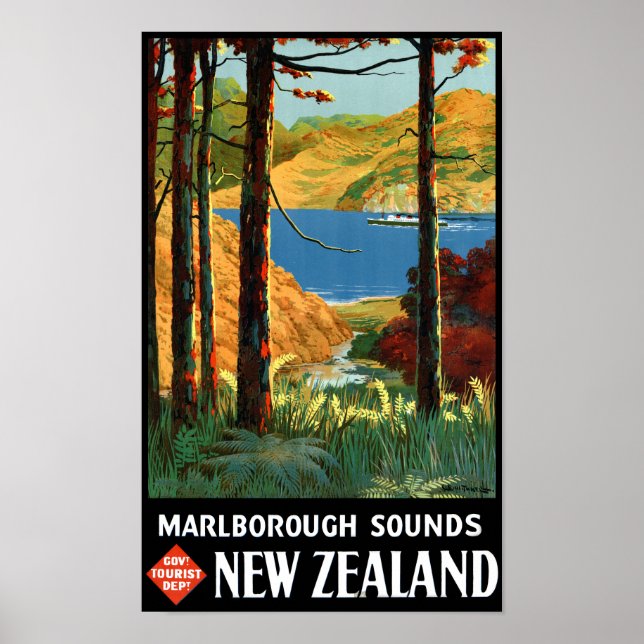 Poster vintage de Sons de Marlborough, Nova Zelând (Frente)
