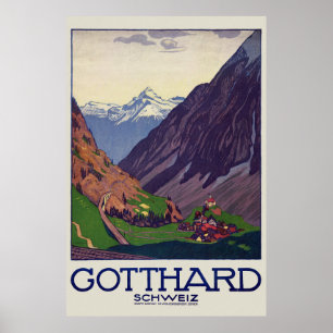 Poster vintage de Suiça Gotthard Schweiz de 1914