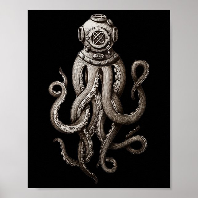 Poster Vintage Deep Sea Divers Cthulhu Octopus (Frente)
