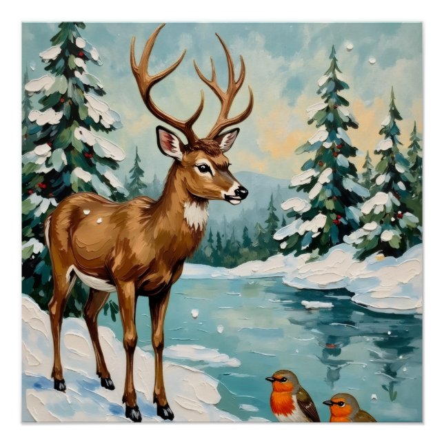 Pôster Vintage Deer and Robins Christmas Scene (Frente)