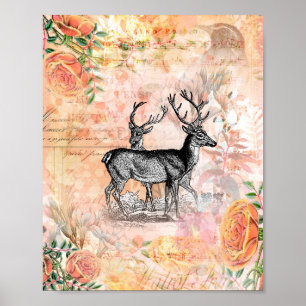 Poster Vintage Deer Floral Collage