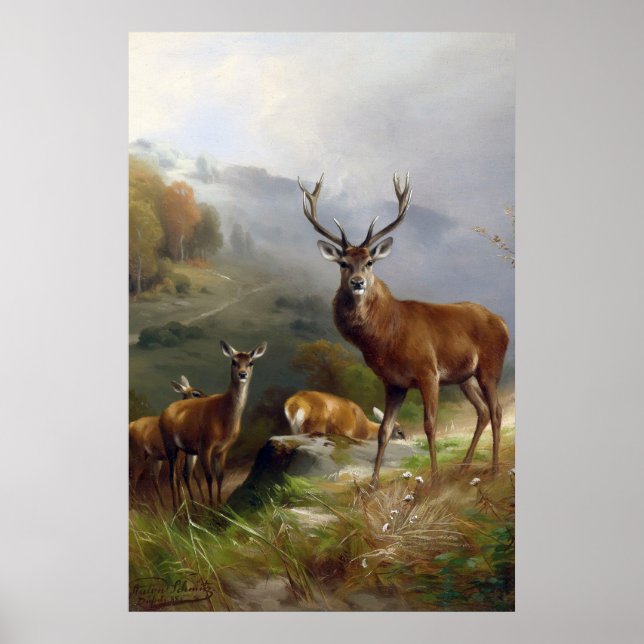 Poster Vintage Deer Stag - Animais Velhos Ilustração Arte (Frente)