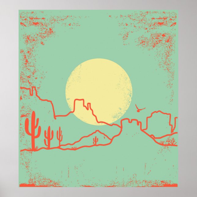 Poster Vintage Desert landscape with Cactuses and Canyon. (Frente)
