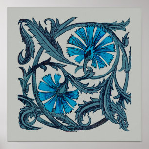 Poster vintage design de arte gráfica de flor antiga azu
