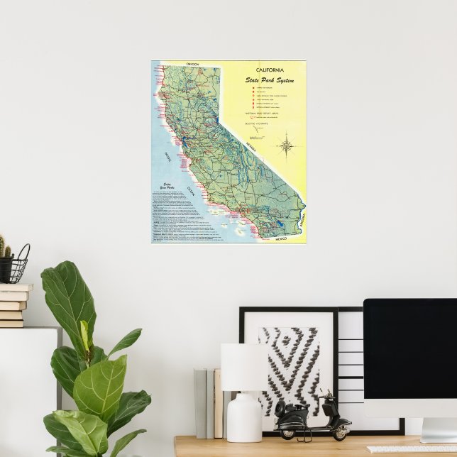 Poster Vintage Detailed Map of California 1951 (Escritório em casa)
