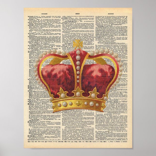 Poster Vintage Dictionary Art Royal Red Dourado Crown (Frente)