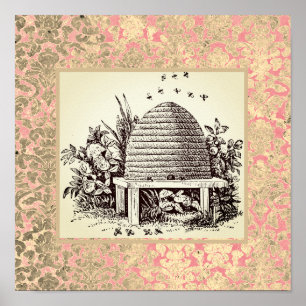 Poster Vintage Dome Bee Hive and Damask